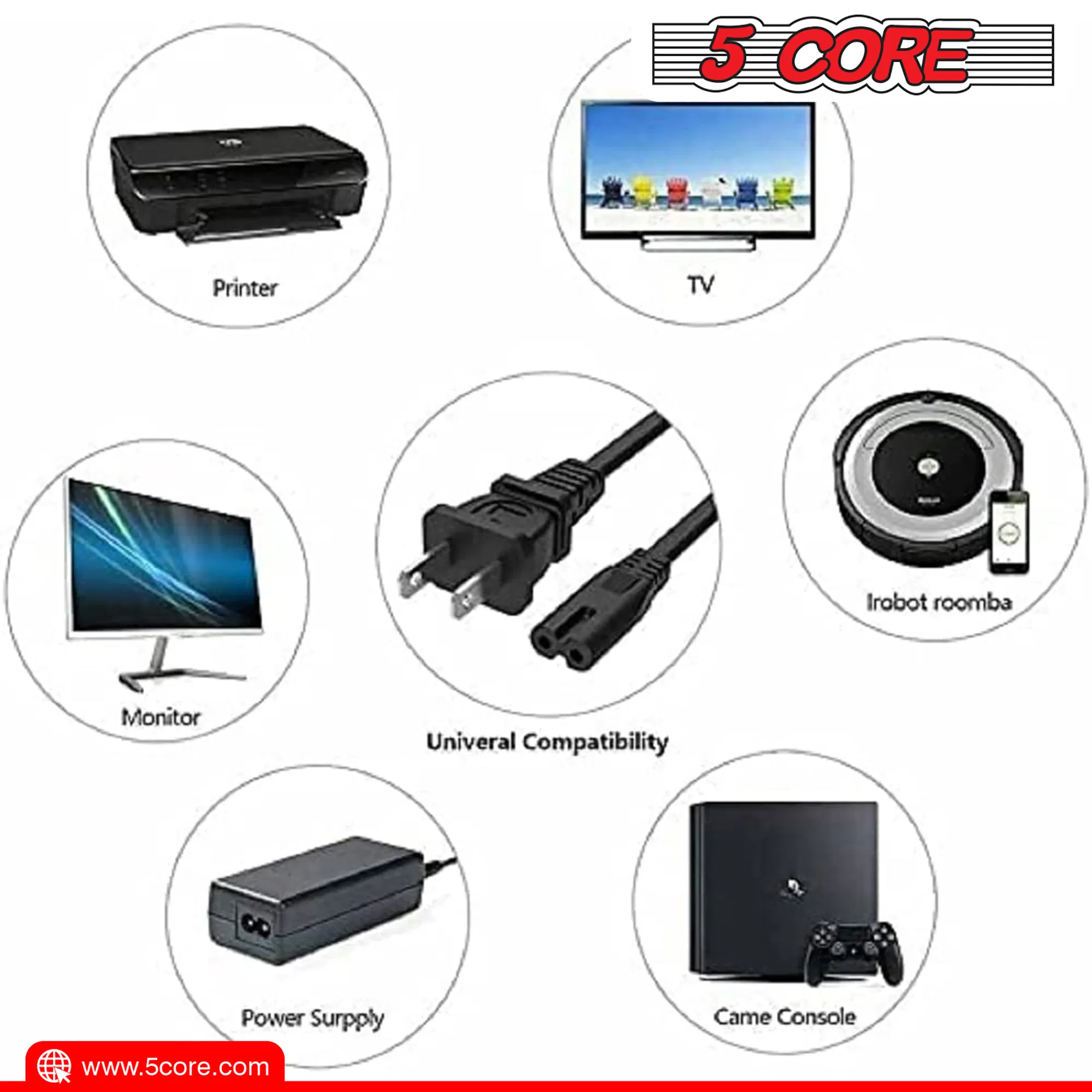 5 Core AC Power Cord 6 Ft ? 2 Prong US Male to Female Extension Adapter ? 16AWG/2C 125V 13A 1/2/5 Pc - PP 1001 photo 5