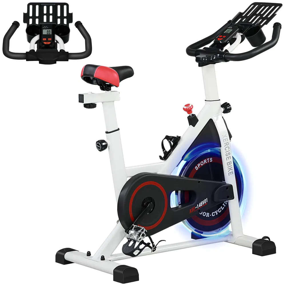 Adjustable Upright Stationary Exercise Bike w/ LCD Display, Indoor Cycling Bike for Home w/ Adjustable Resistance, White photo 7