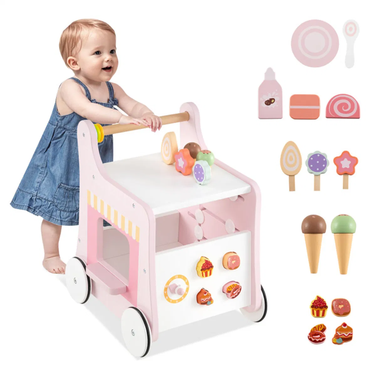 2-in-1 Baby Walker with 8 Fun Activities (Dessert Sorter/Adjustable Clock/Maze) + Side Shop Window (Role Play)-Pink photo 1