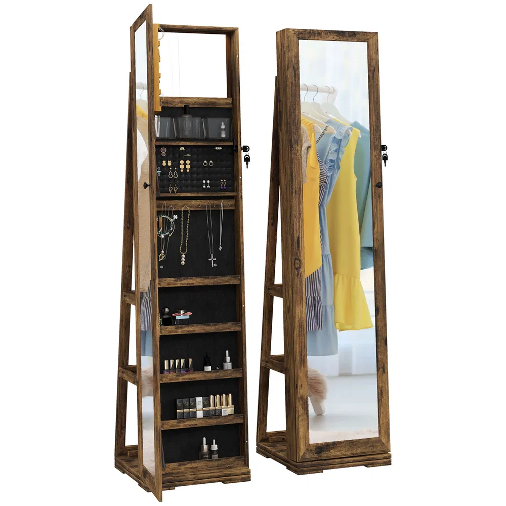 Swivel Jewelry Armoire, Lockable Mirror Jewelry Cabinet with Built-In Small Mirror, Rustic Brown photo 7