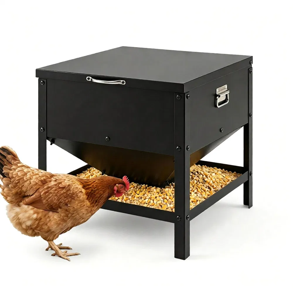 Heavy Duty Stainless Steel Chicken Feed Hopper with Lift Top Cover, Raised Legs Spill-Proof Poultry Feeding Box for Backyard Flock Low Refill Frequency photo 2