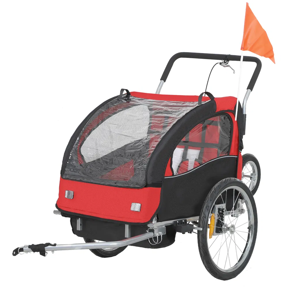 2-in-1 Bike Trailer for Kids, Foldable 2-Seat Baby Stroller with 5-Point Harness, Rubber Wheels, Storage Bag, Red photo 7
