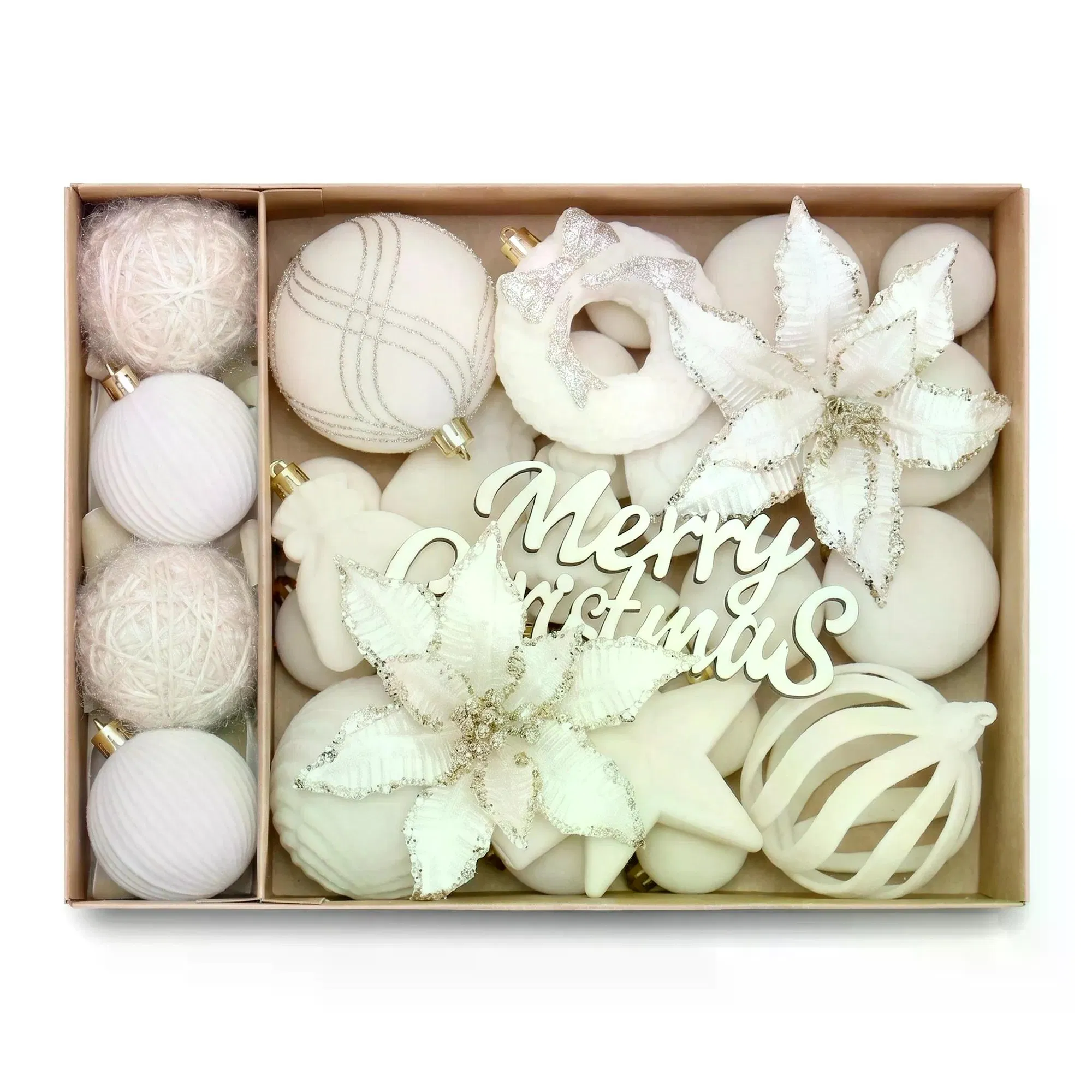 38Pcs Velvet Christmas Tree Ornaments Set, Flocked Plush Christmas Balls, Poinsettia Flower, Star, Bow, Merry Christmas Wooden Sign, Xmas Hanging Decorations for Home Holiday Party photo 5