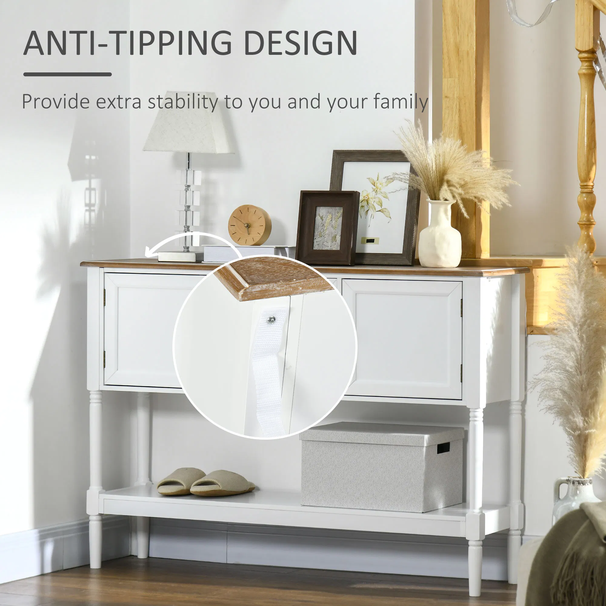 Vintage Console Table with 2 Drawers and Cabinets, Retro Sofa Table for Entryway, Living Room and Bedroom, White photo 2
