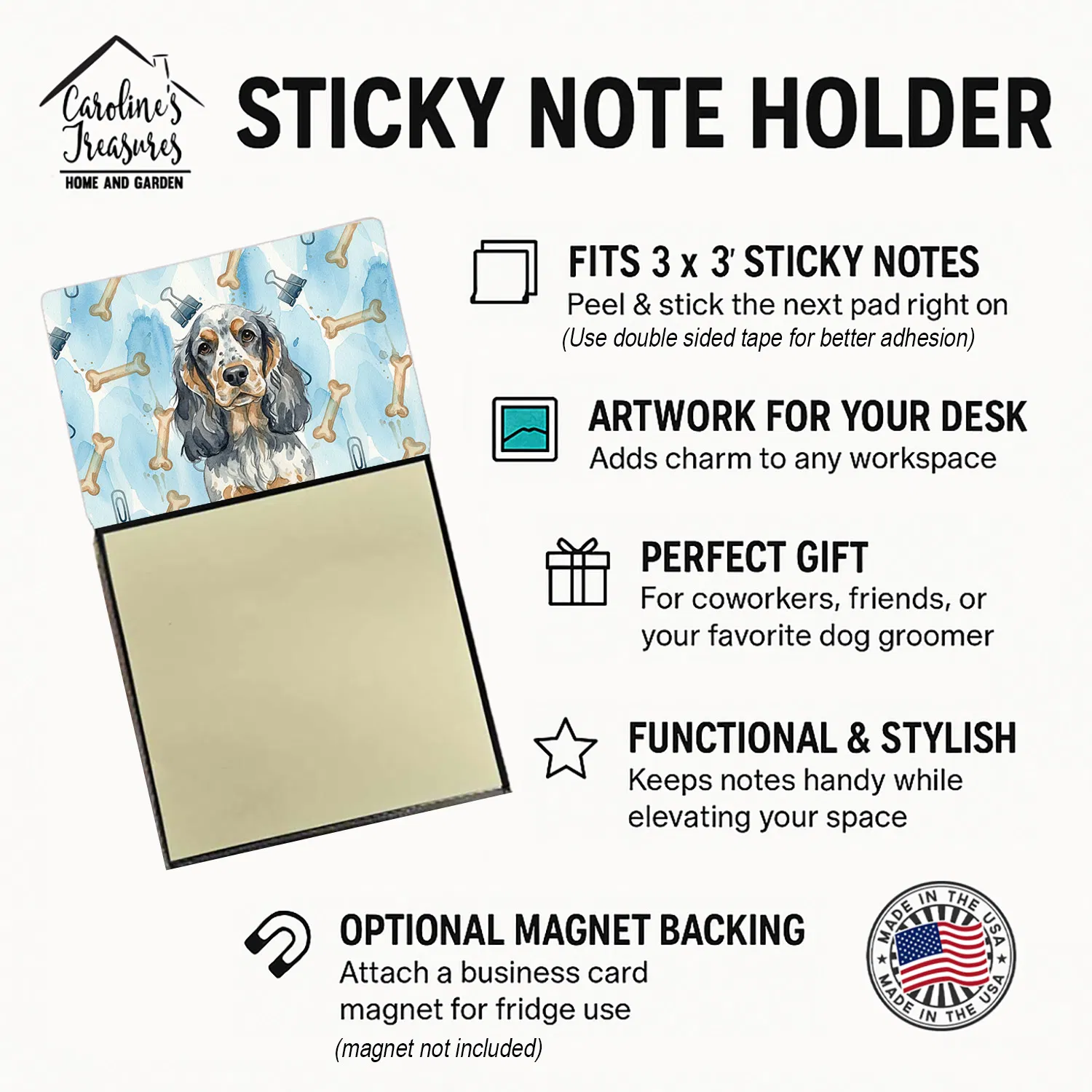 Blue Roan & Tan English Cocker Spaniel Coworker Watercolor Sticky Note Holder Refillable Dispenser Desk Accessory 3x3 Pad Gift photo 6