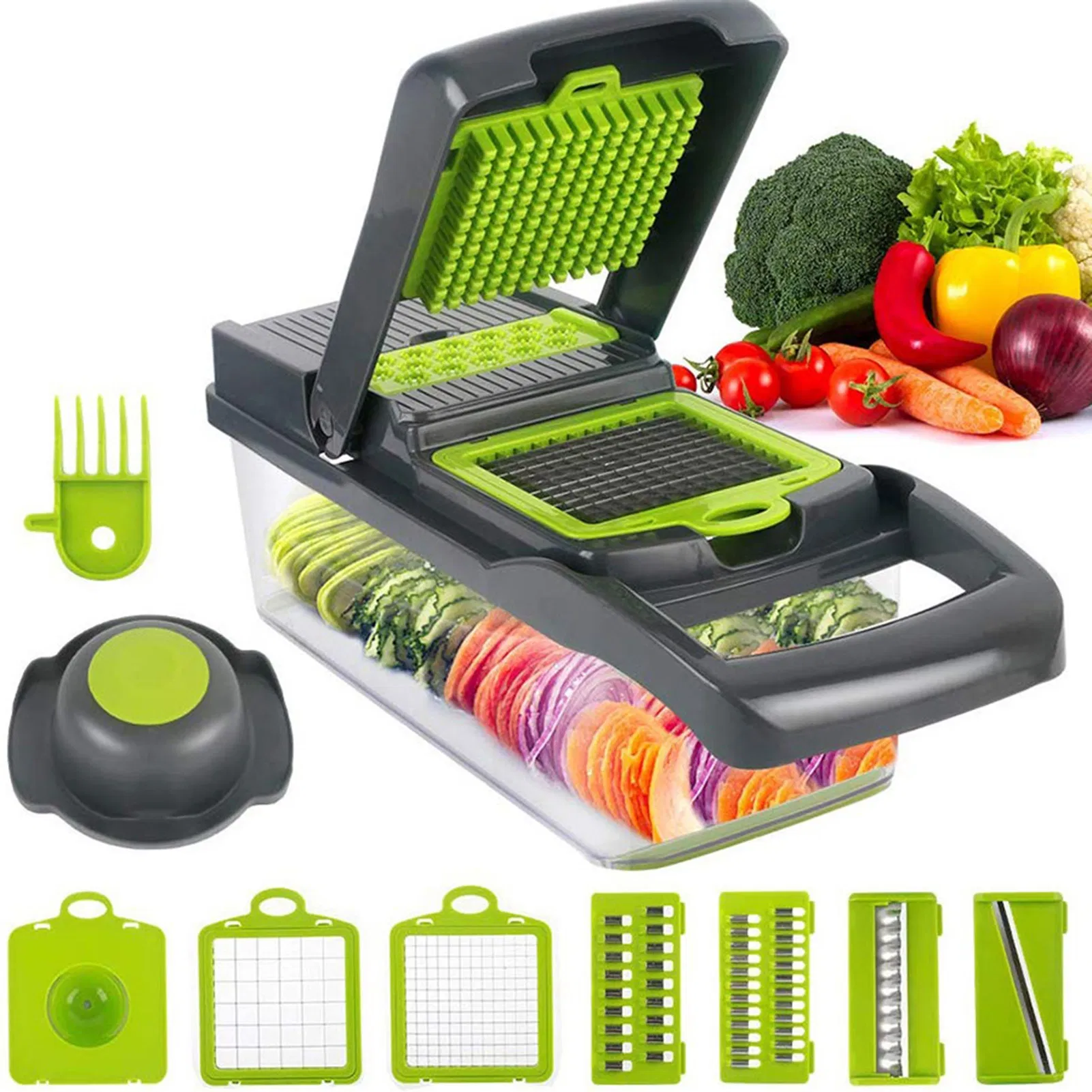 Vegetable Chopper Dicer with Container | Cheese Grater Mandoline Slicer Cabbage Shredder French Fry Cutter Stainless Steel for Veggie Onion Potato Fruit Food, Manual Hand Cooking Gadget for Kitchen photo 1