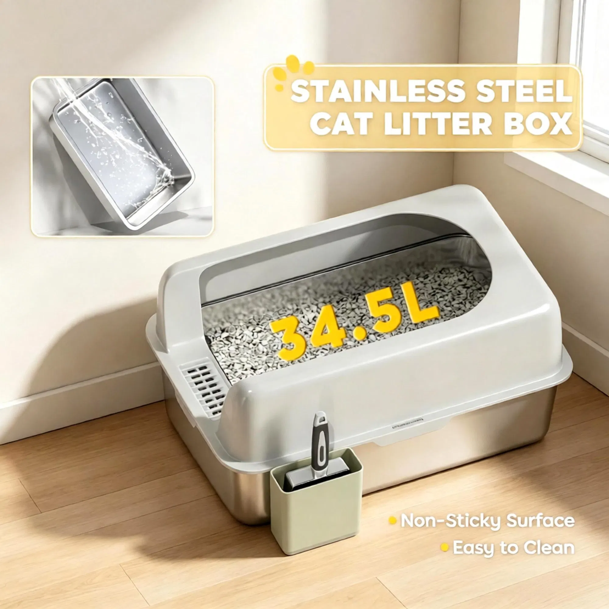 Light Gray 2 Pack High Sided Stainless Steel Litter Box Anti-Urine Leakage for Multi-Cat Households photo 8