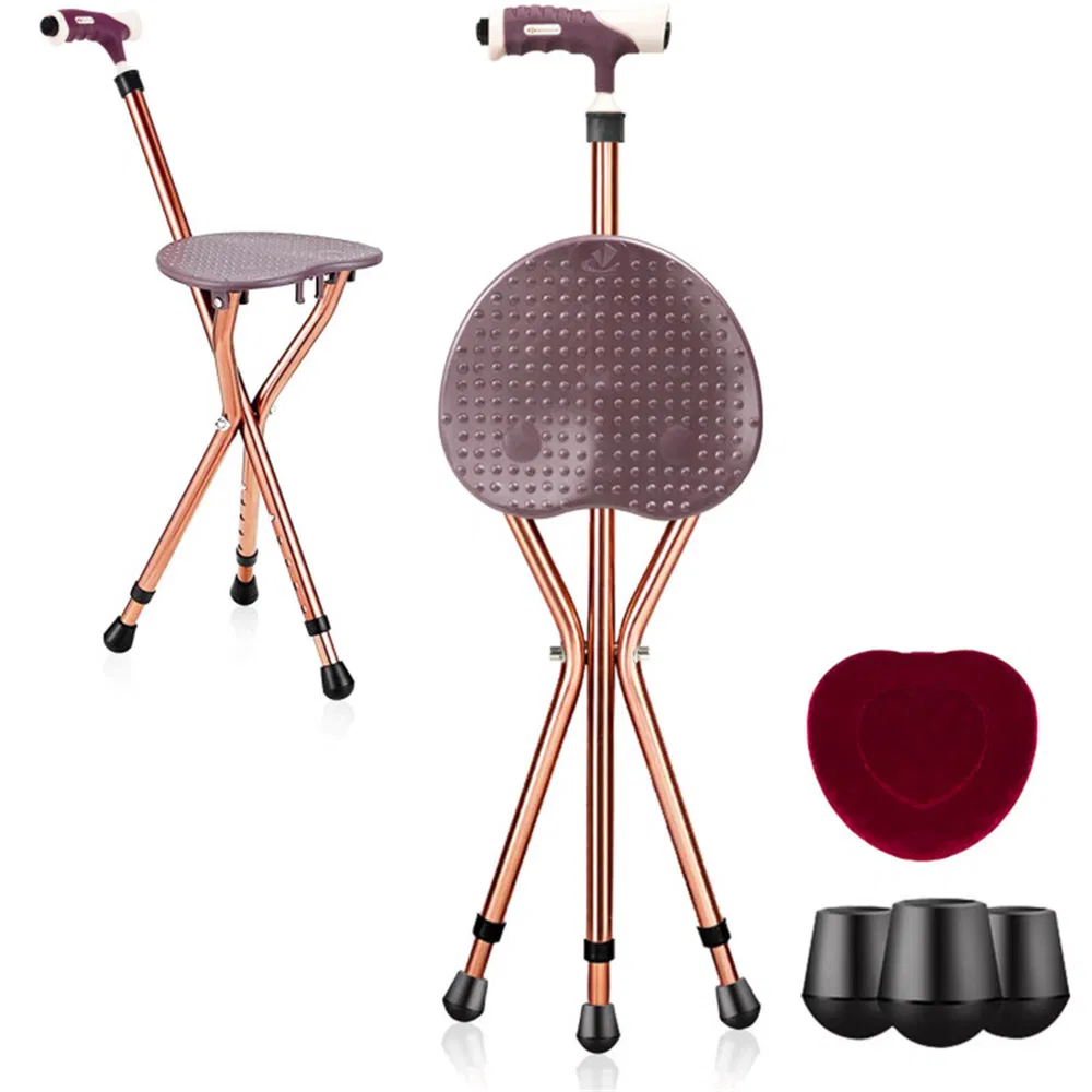 Folding Seat Cane (220lbs): 5-Level Height Adjust, LED Light, Anti-Slip Pads, Aluminum Alloy, Bonus Cushion/3 Foot Pads for Elder-Brown photo 2