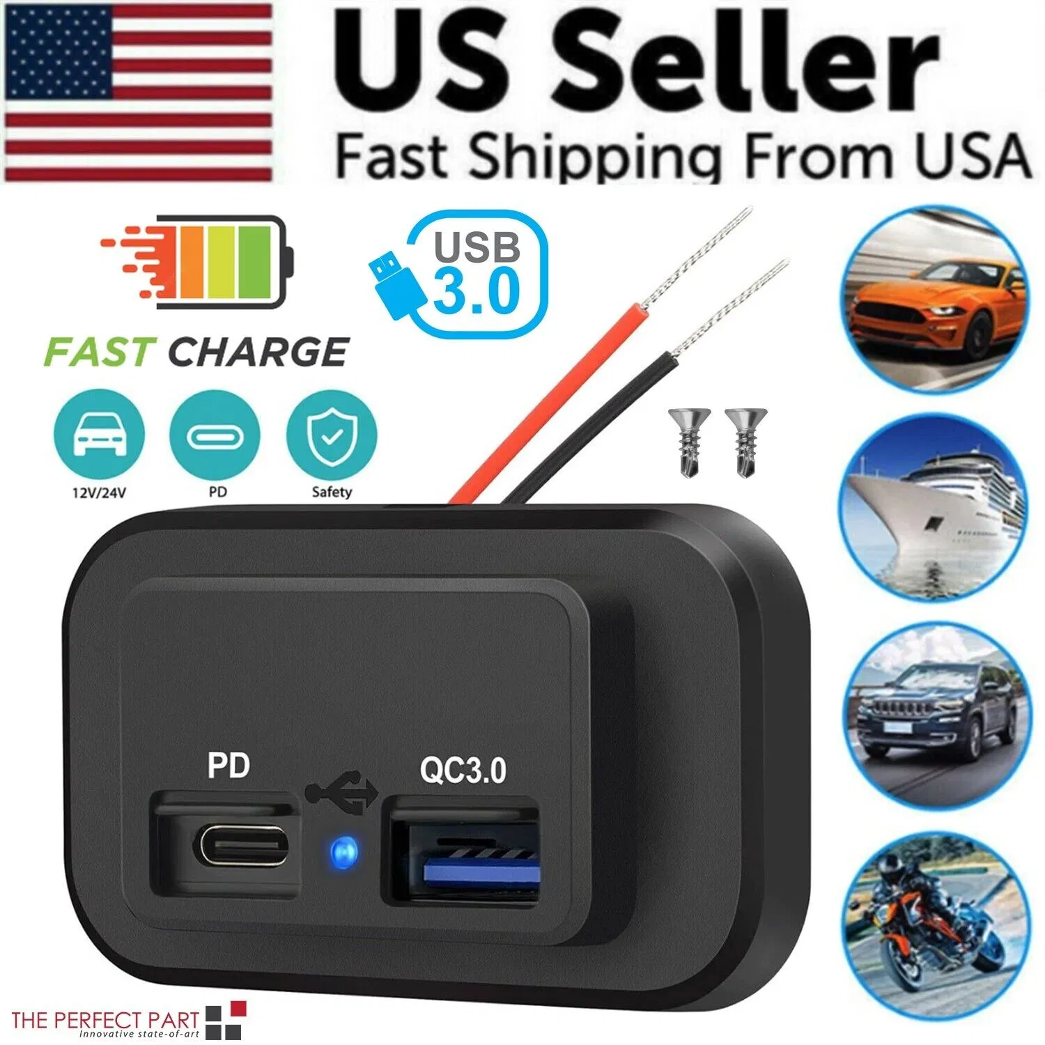 12-24V 4.8A Dual USB PD QC3.0 Car Boat RV Fast Charger Socket LED Power Outlet photo 1