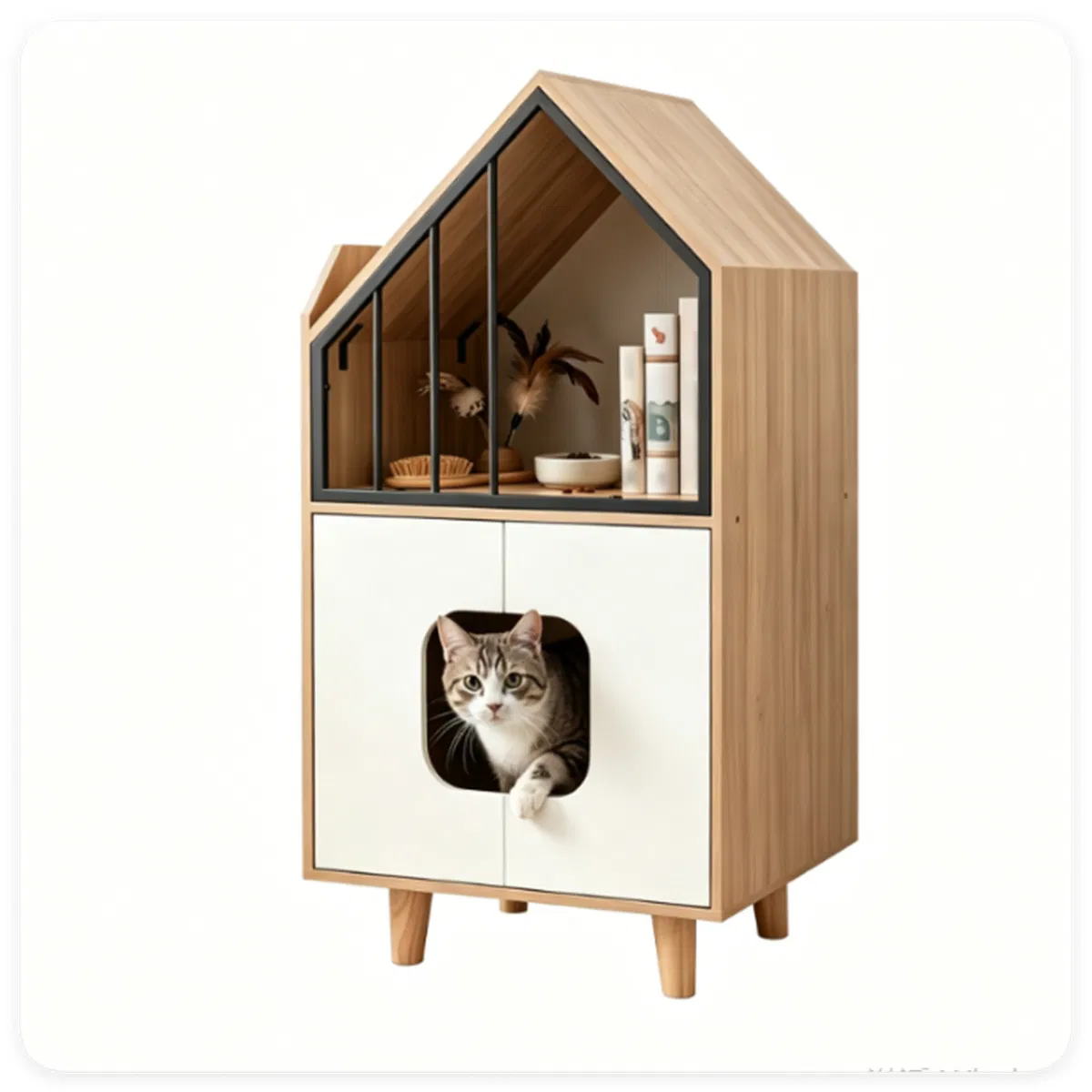 Natural & White Hidden Cat Litter Box Furniture, Elevated Cat Lounge Top Enclosed Cat Washroom Cabinet with Raised Legs for Living Room Bedroom Apartment photo 1