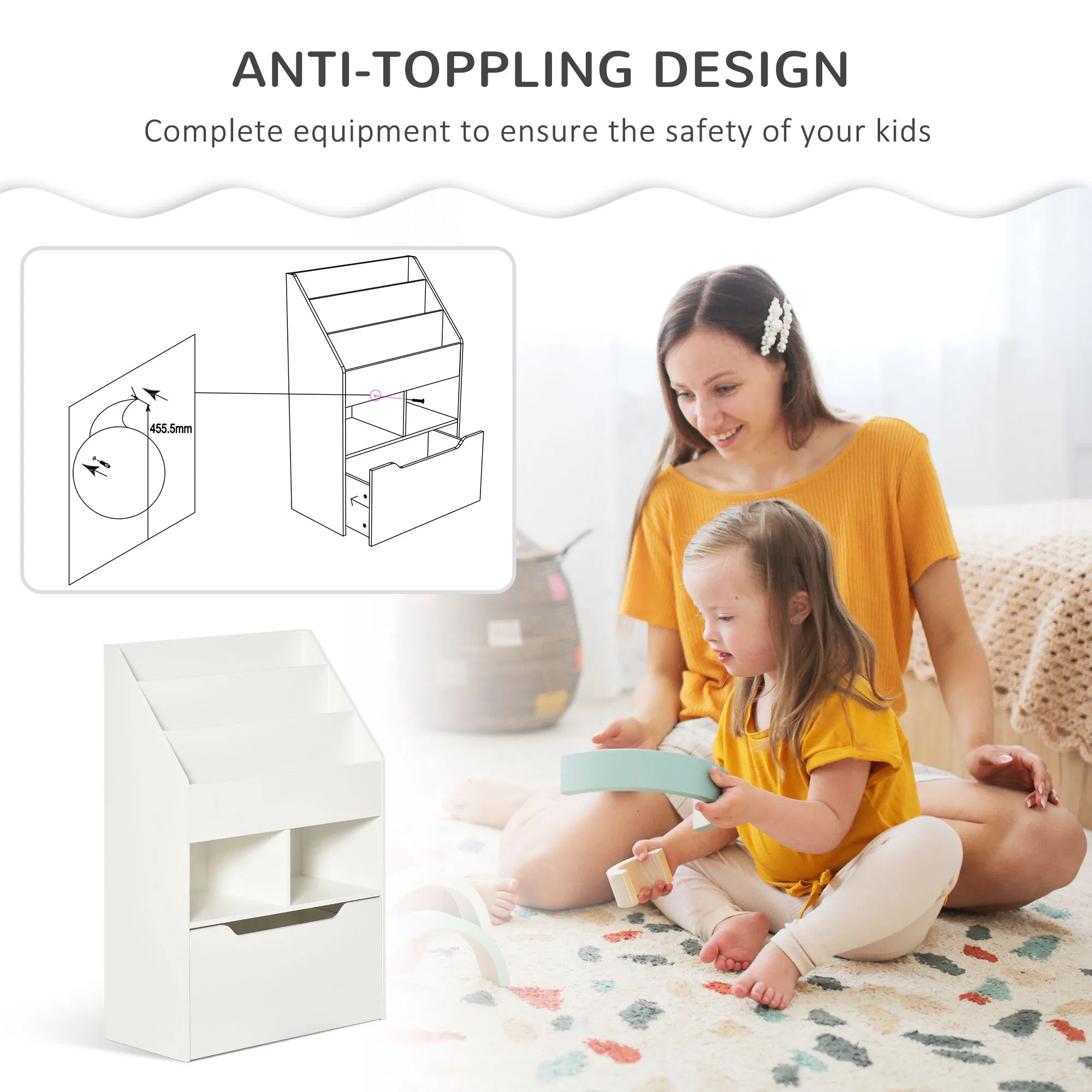 Kids Bookcase Multi-Shelf Rack Organizer with Storage Drawer for Books for Reading Nook, Classroom, Bedroom, Playroom, White photo 2