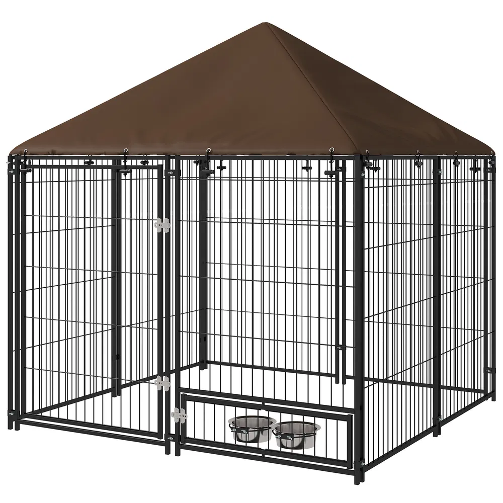 4.6' x 4.6' x 5' Outdoor Dog Kennel with Canopy, Rotating Bowls, Coffee photo 2