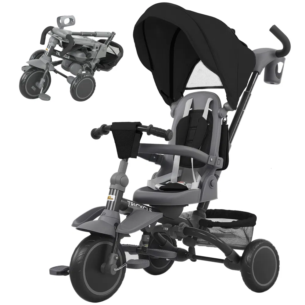 6 in 1 Toddler Tricycle for 1-5 Years Old with Push Handle, Removable Canopy, Rotatable Seat, Black photo 2