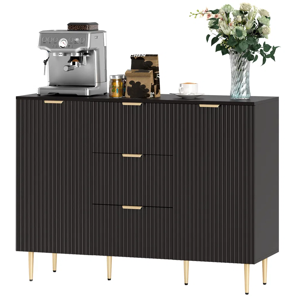 Modern Kitchen Storage Cabinet, Sideboard Buffet Cabinet w/ 3 Drawers and Adjustable Shelves for Kitchen Hallway, Black photo 7