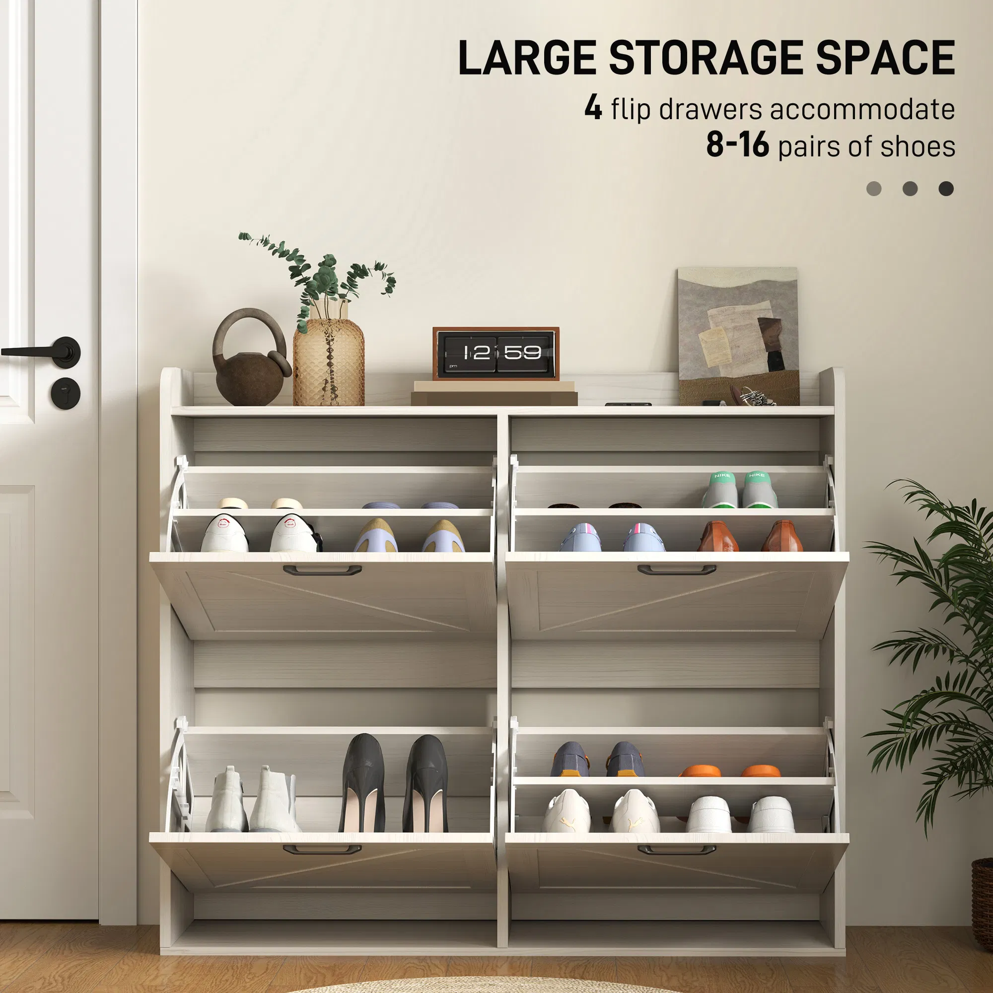 Narrow Shoe Storage Cabinet with 4 Flip Drawers, Adjustable Shelves, 16 Pair Farmhouse Shoe Cabinet, White Oak photo 2