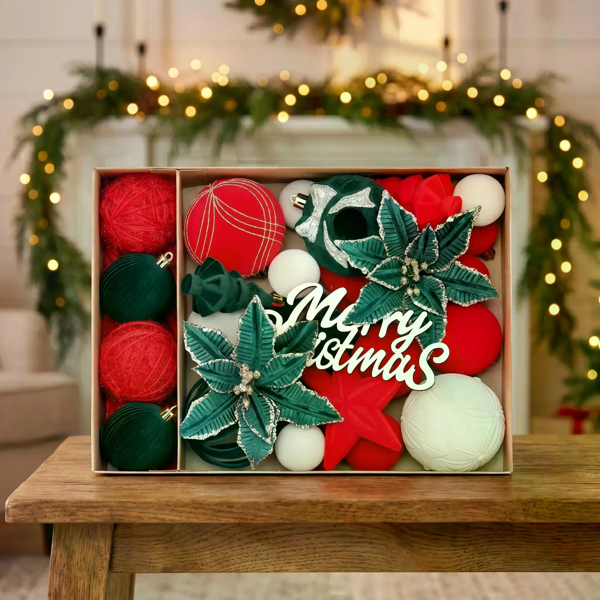 38Pcs Velvet Christmas Tree Ornaments Set, Plush Flocked Christmas Balls, Poinsettia Flower, Star, Bow, Merry Christmas Wooden Sign, Xmas Hanging Decorations for Home Holiday Party Decor photo 1