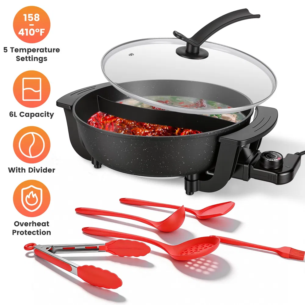6L Electric Hot Pot with Divider 1100W Dual-Flavor Pot Shabu Shabu Pot Non-Stick with 5-Temp Control for Shabu Shabu Fondue Perfect for Family Gatherings & Parties photo 2