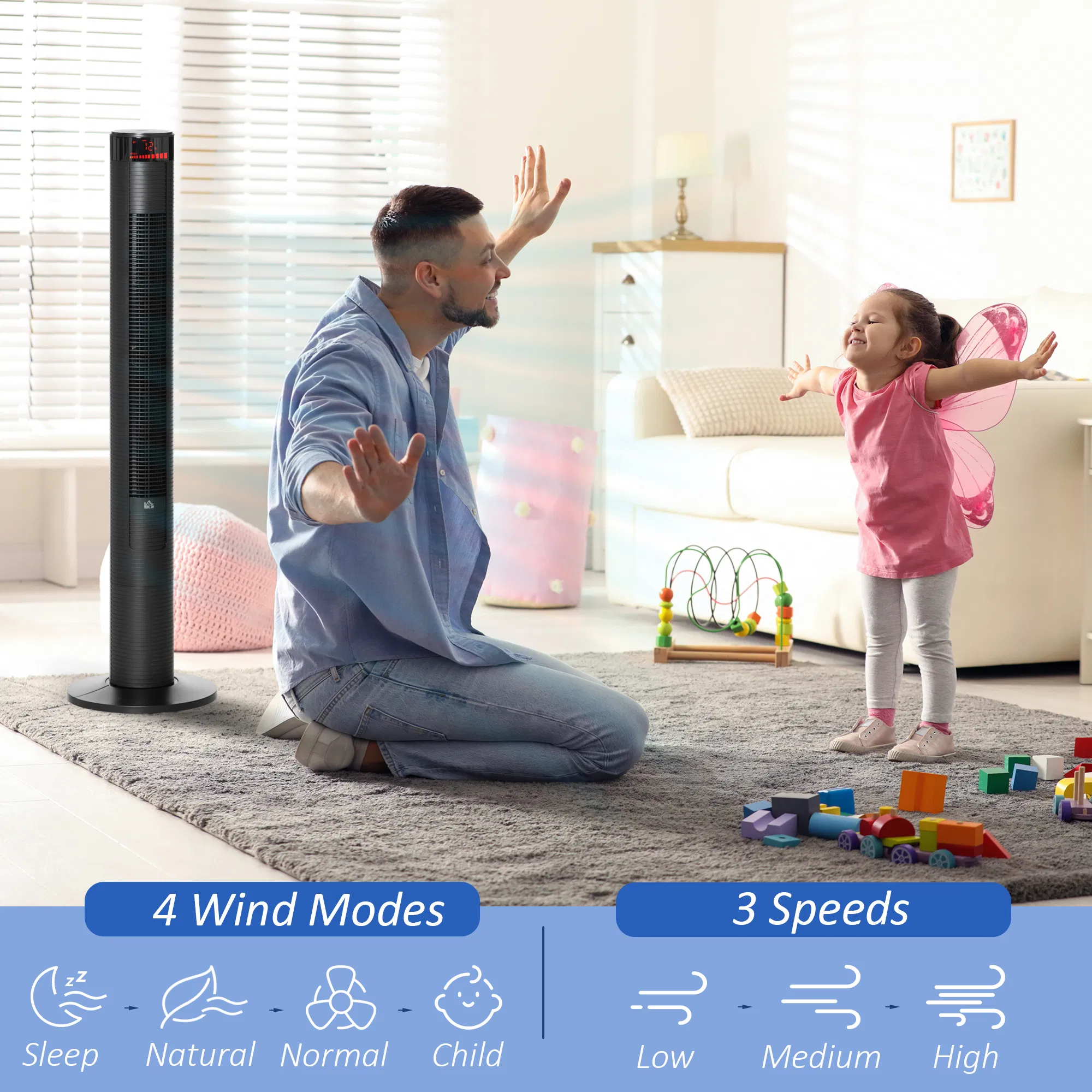 Freestanding Tower Fan Cooling for Home Bedroom with 3 Speed, 12h Timer, Oscillating, LED Panel, Remote Controller, Black photo 5
