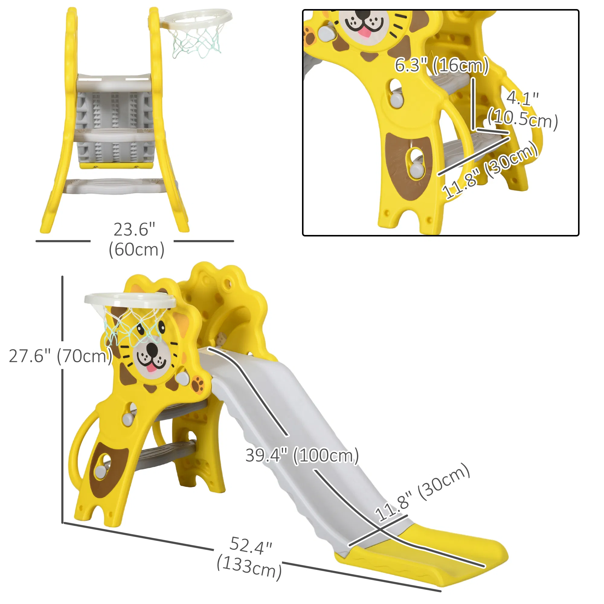 3 in 1 Slide for Toddlers, Kids Slide Playset with Basketball Hoop, Climber, for 18-36 Months, Yellow photo 4