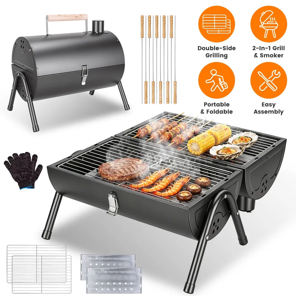 Portable Charcoal Grill Foldable BBQ Grill with Double-Sided Cooking Design, Chimney Vent, 10 Stainless Steel Skewers Carry Handle Outdoor Barbecue Grill for Camping Picnic Beach Backyard photo 2