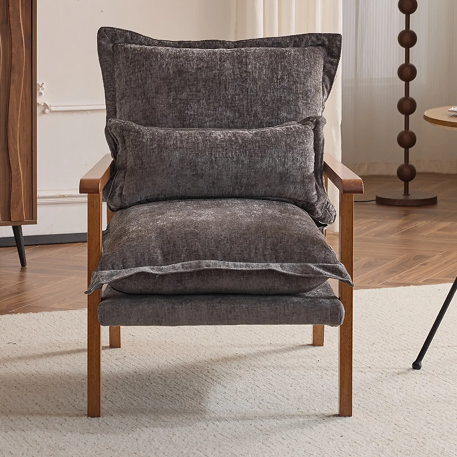 Cloud Shaped Indoor Leisure Chair with Solid Wood Armrest & Solid Wood Frame, Chenille Fabric Accent Chair with Lumbar Pillow, Single Sofa Chair Dark Grey photo 5