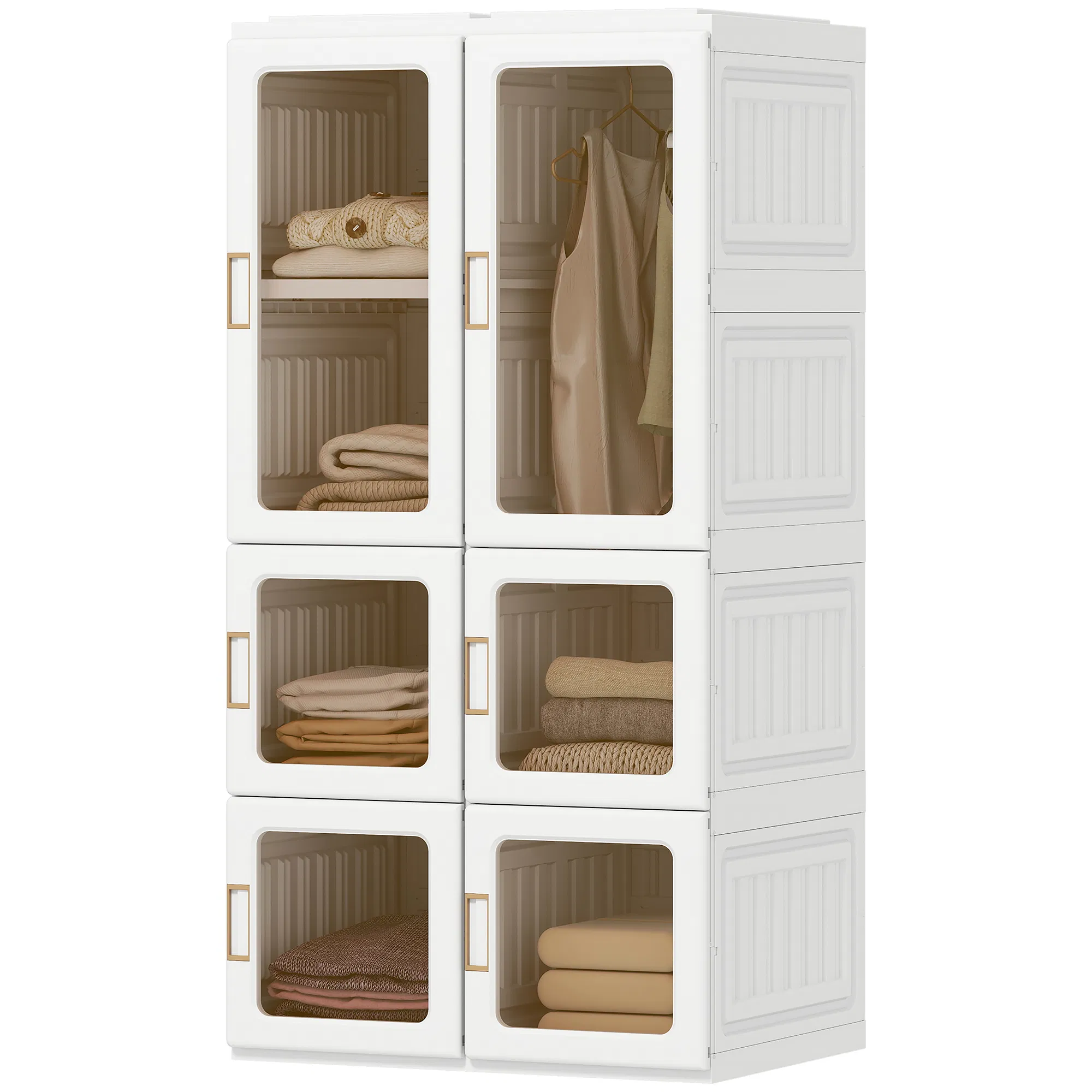 Portable Wardrobe, Foldable Plastic Closet with 5 Compartments, Hanging Rod and Magnetic Doors, White photo 1