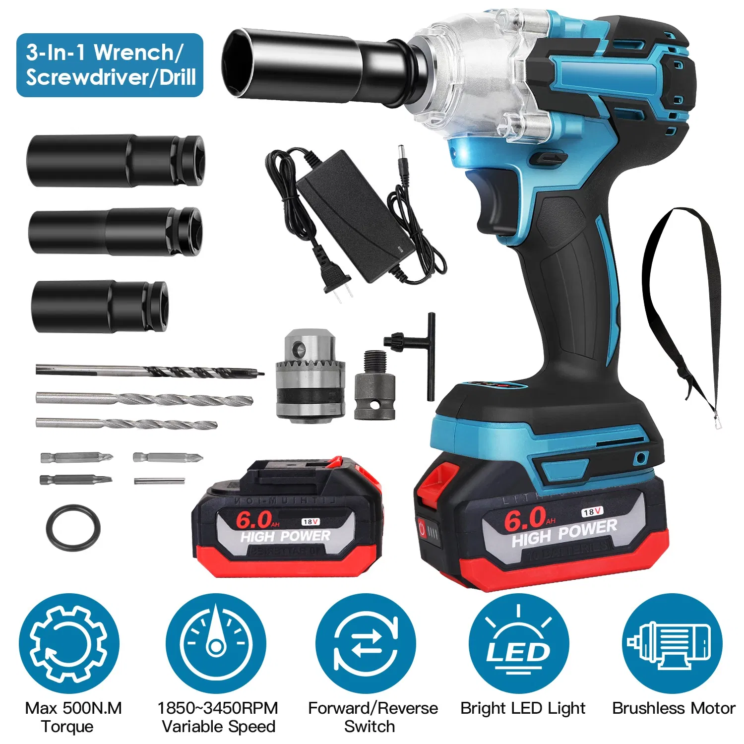 3-In-1 Cordless Electric Impact Wrench Drill Screwdriver with Brushless Motor Max 3450RPM Variable Speed 2Pcs 6.0Ah Batteries 3 Sockets 3 Screwdriver Bits 3 Drill Bits photo 1
