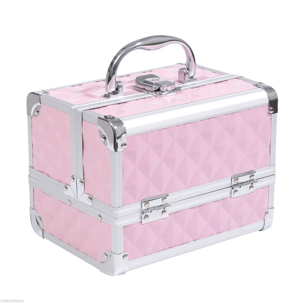Cosmetic Train Case 3 Tier Diamond Texture Organizer with Mirror Portable Pink 8"x6"x6" photo 7
