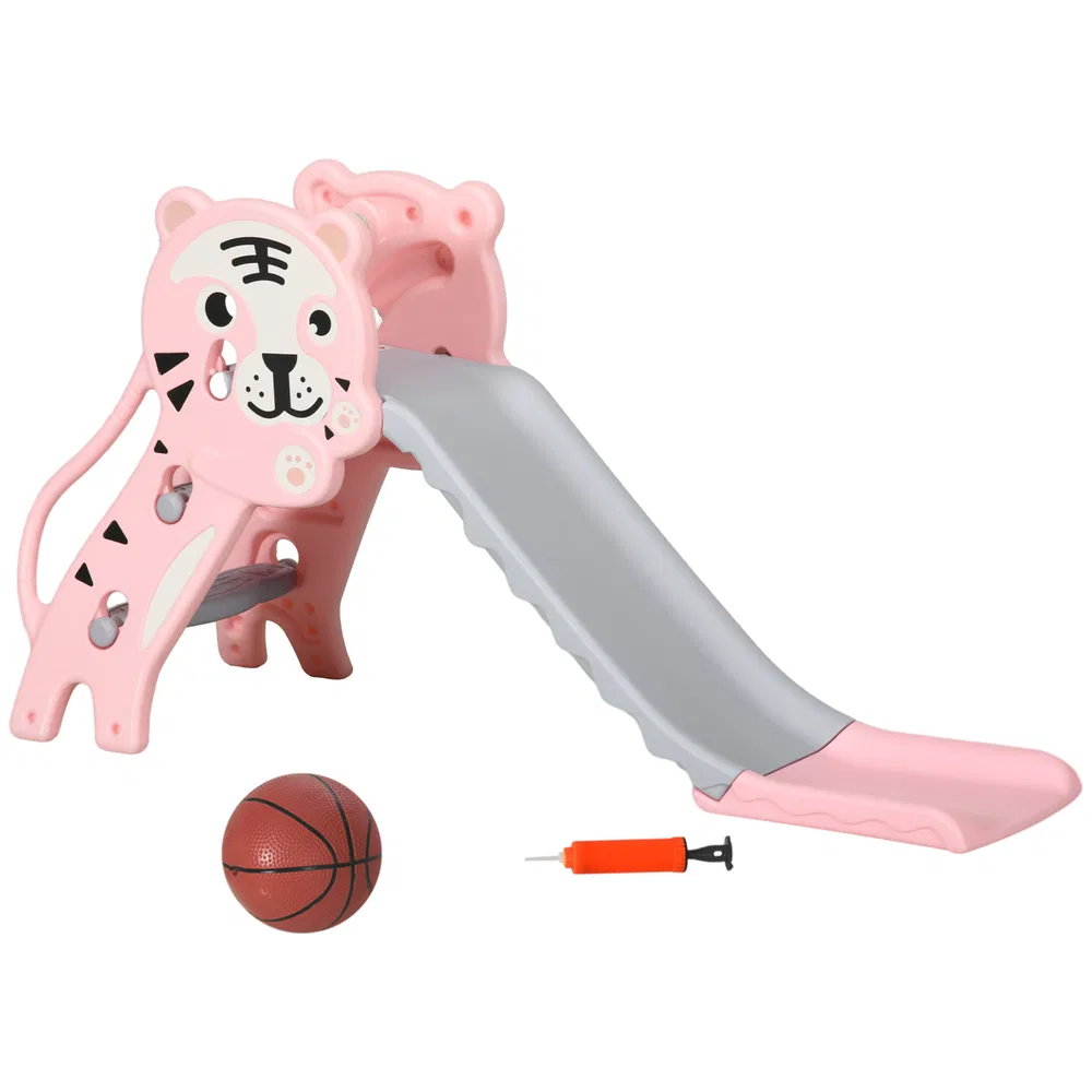 3 in 1 Slide for Toddlers, Kids Slide Playset with Basketball Hoop, Climber, for 18-36 Months, Pink photo 7