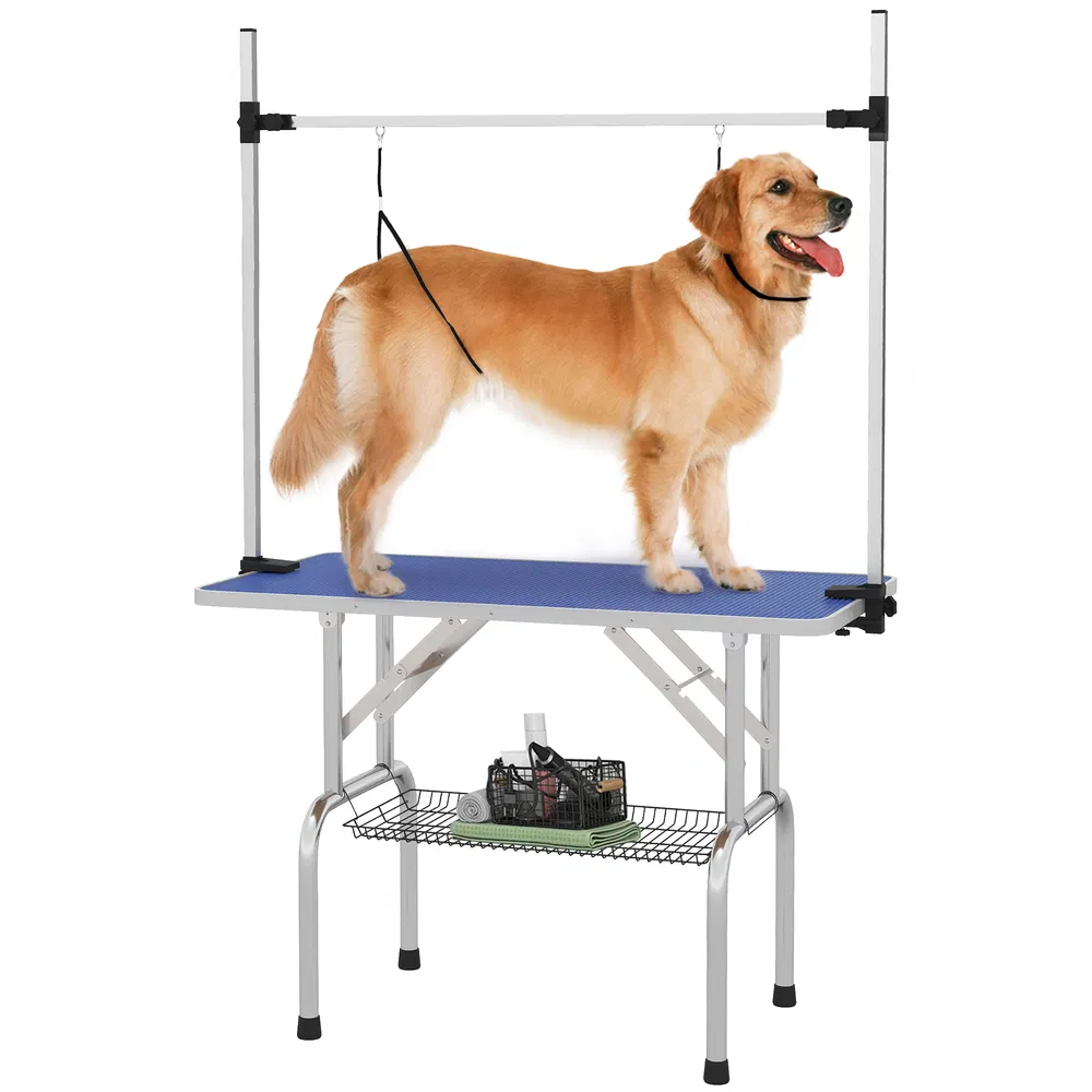 Adjustable Dog Grooming Table with 2 Safety Slings, Storage Basket, Blue photo 2