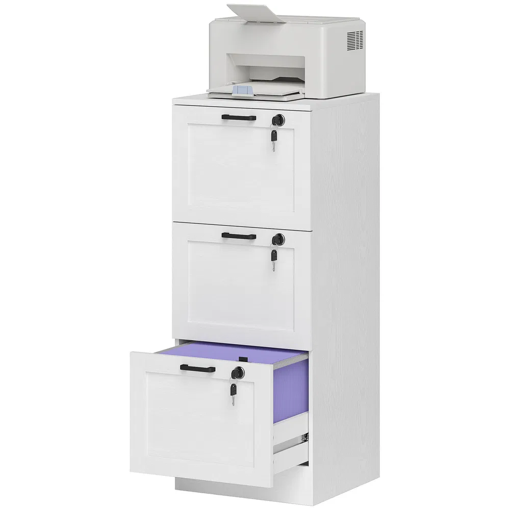 Vertical Filing Cabinet with 3 Drawers, Lock, File Cabinet for Home Office, A4 and Letter Size Files, White photo 2