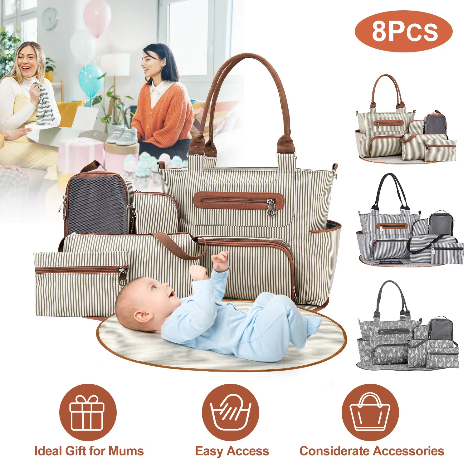 8PCS Baby Diaper Bag Set - Spacious 12-Pocket Design with Bottle Bag, Diaper Pad & Burp Cloths - 2 Carrying Ways, Wide Opening for Easy Access - Ideal for Parents photo 1