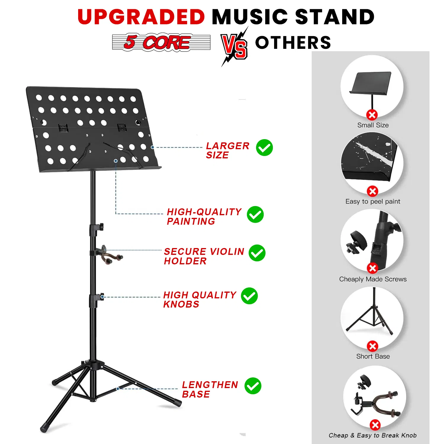 5 Core Music Stand For Sheet Music Height Adjustable Portable Folding Atril Para Partituras w Light Clip for Guitar Players Violinists Cellists Pianists photo 7