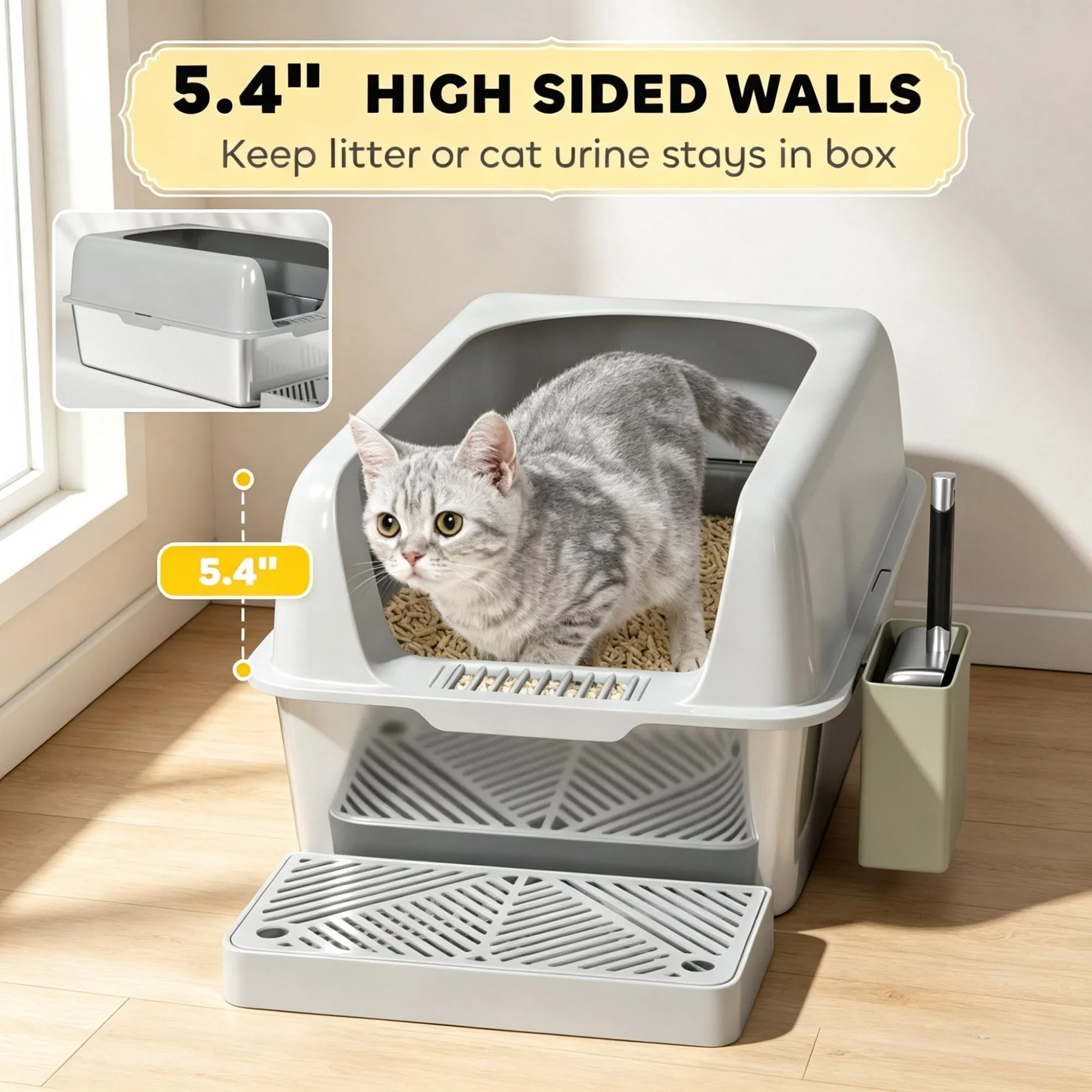 Light Gray 2 Pack High Sided Stainless Steel Litter Box Anti-Urine Leakage for Multi-Cat Households photo 7
