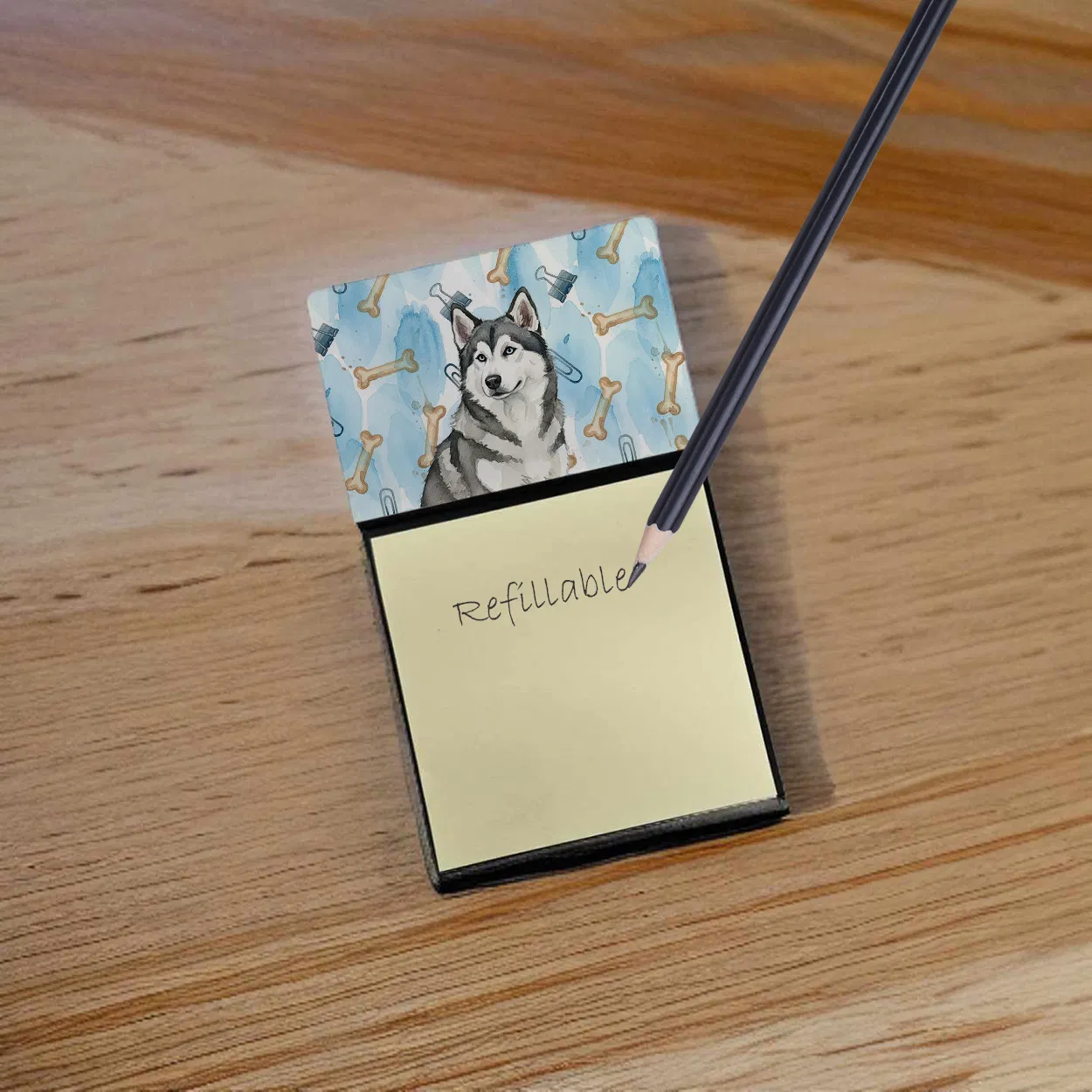 Gray and White Alaskan Malamute Coworker Watercolor Sticky Note Holder Refillable Dispenser Desk Accessory 3x3 Pad Gift photo 7