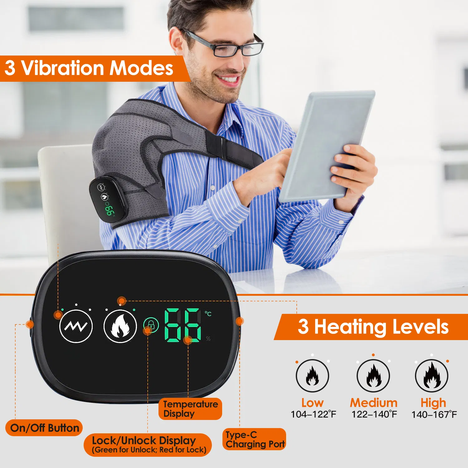 45-75 Heated Shoulder Massager  Pain Relief Shoulder Massager With 3 Heating Levels 3 Vibration Modes USB Rechargeable Auto-Off Universal Fit Gift For Parents Friends photo 8