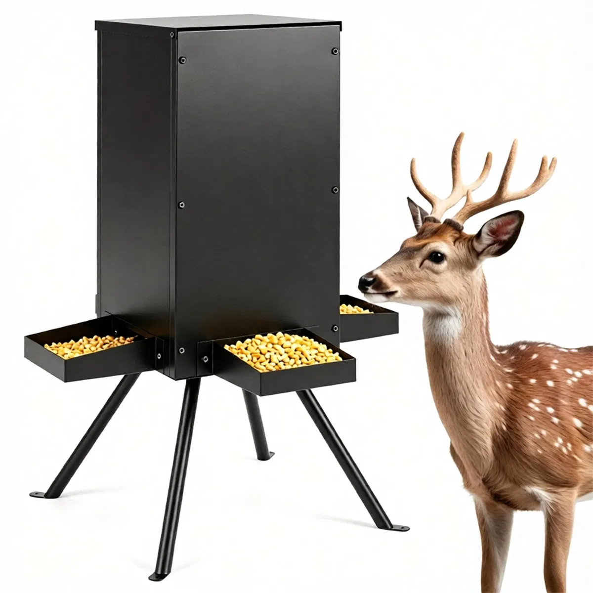 14 Gallon Gravity Deer Feeder 50-90 LBS Capacity Galvanized Coated Steel Wildlife Game Feeder with 4 Feeding Trays Lockable Lid Ground Pegs for Hunting Ranch Backyard Black photo 8