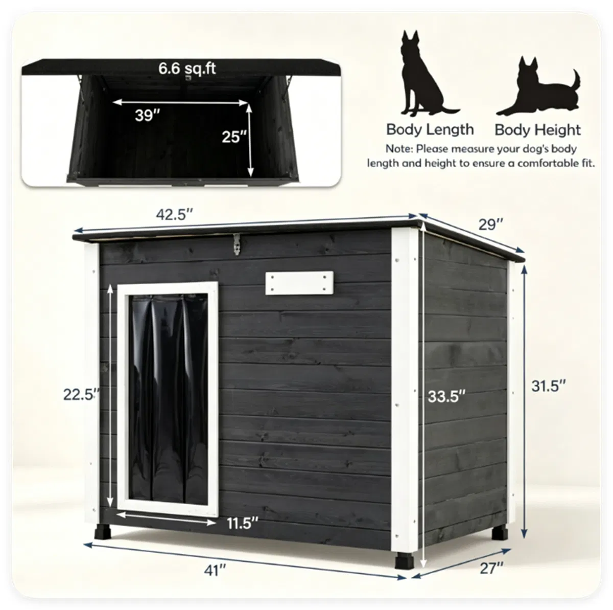 42.5" x 27" x 33.5" Outdoor Dog House with Sloped Asphalt Roof, Elevated Floor & Openable Roof Weatherproof Pet Kennel with PVC Door Curtain for Medium Large Dogs Gray photo 2