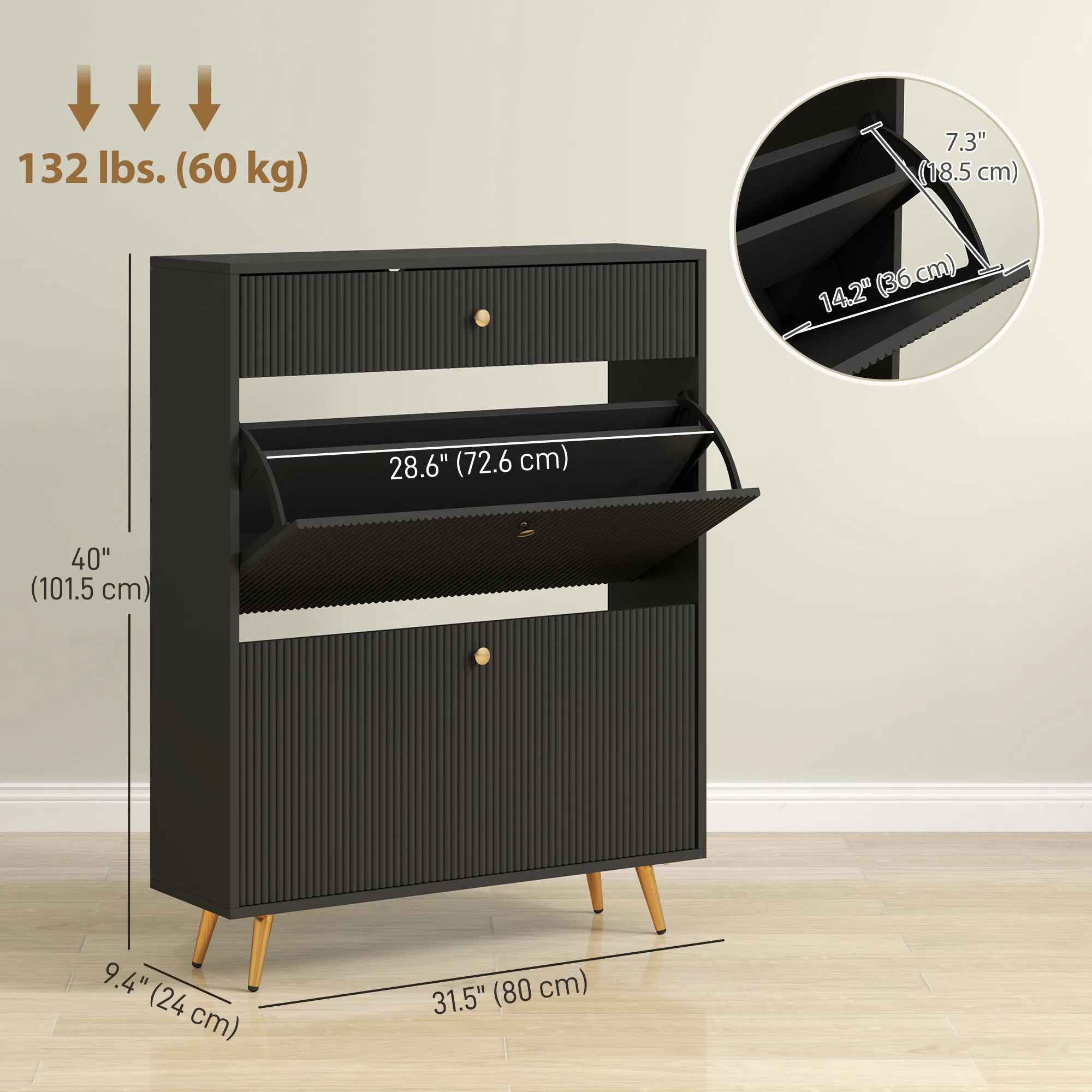 Narrow Shoe Storage Cabinet with Wave-like Panels and Adjustable Shelves for 12 Pairs of Shoes, Black photo 5
