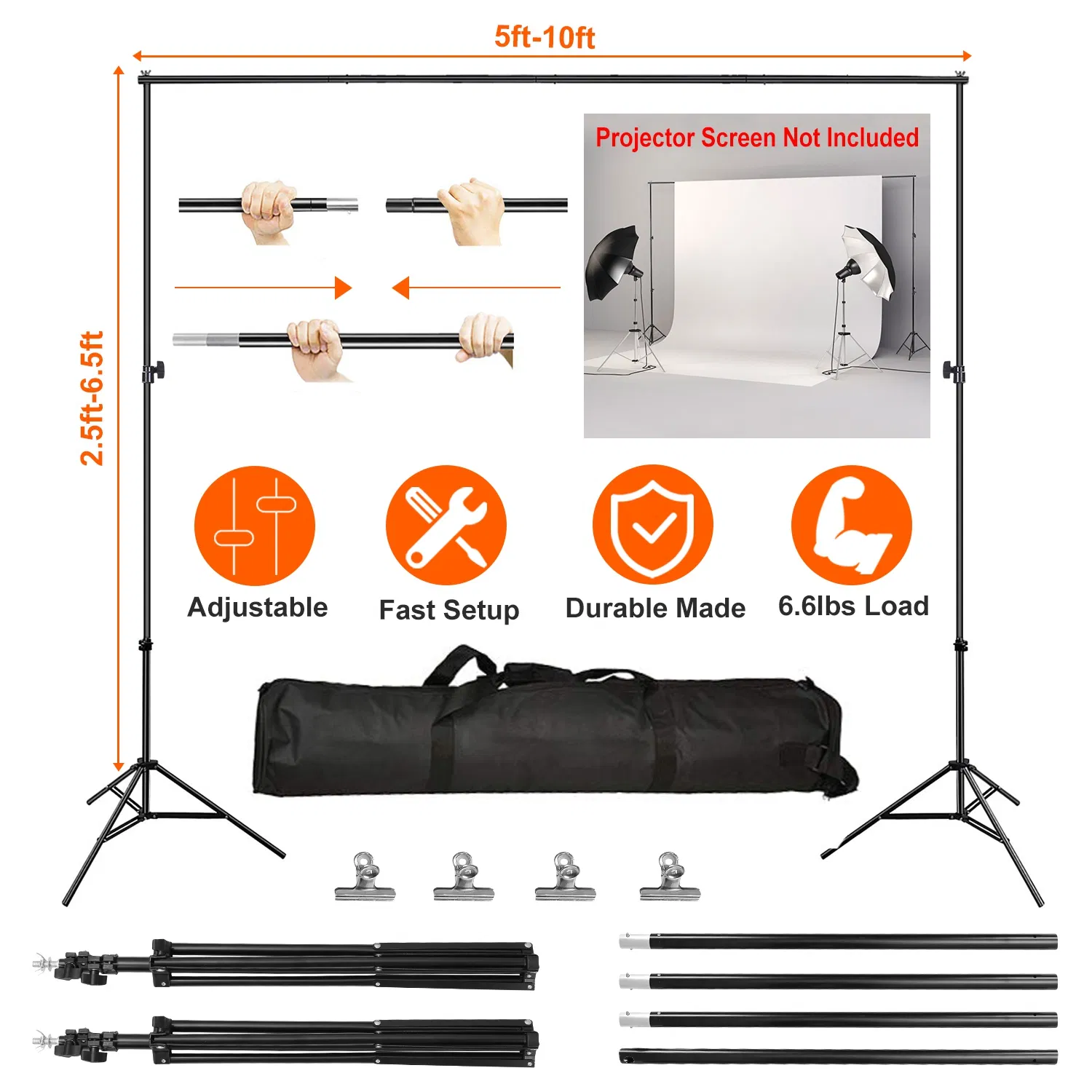 Adjustable Backdrop Support System, 5-10ft Wide Photo Background Stand with 4 Clamps, Spring-Loaded Joints and Oxford Storage Bag for Studio & Outdoor Shooting photo 1