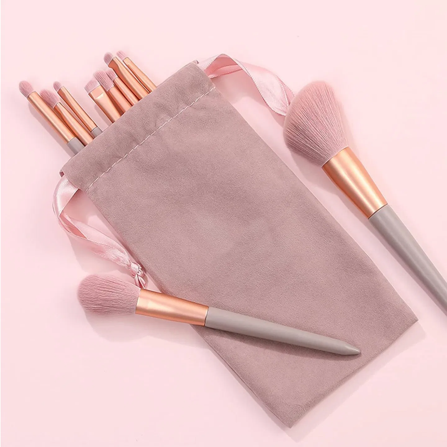 13-piece pink makeup brush set, complete for face and eye application, soft bristles for smooth powder pickup, comes with a velvet storage pouch photo 6