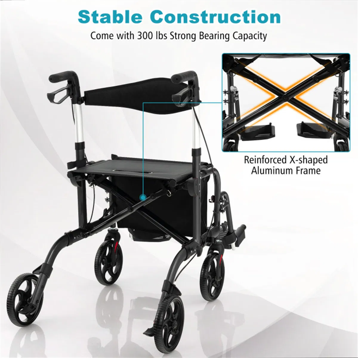 Foldable Rollator Walker with 8" Wheels Handbrake Storage Bag Cane Holder for Seniors & Rehabilitation Black photo 6