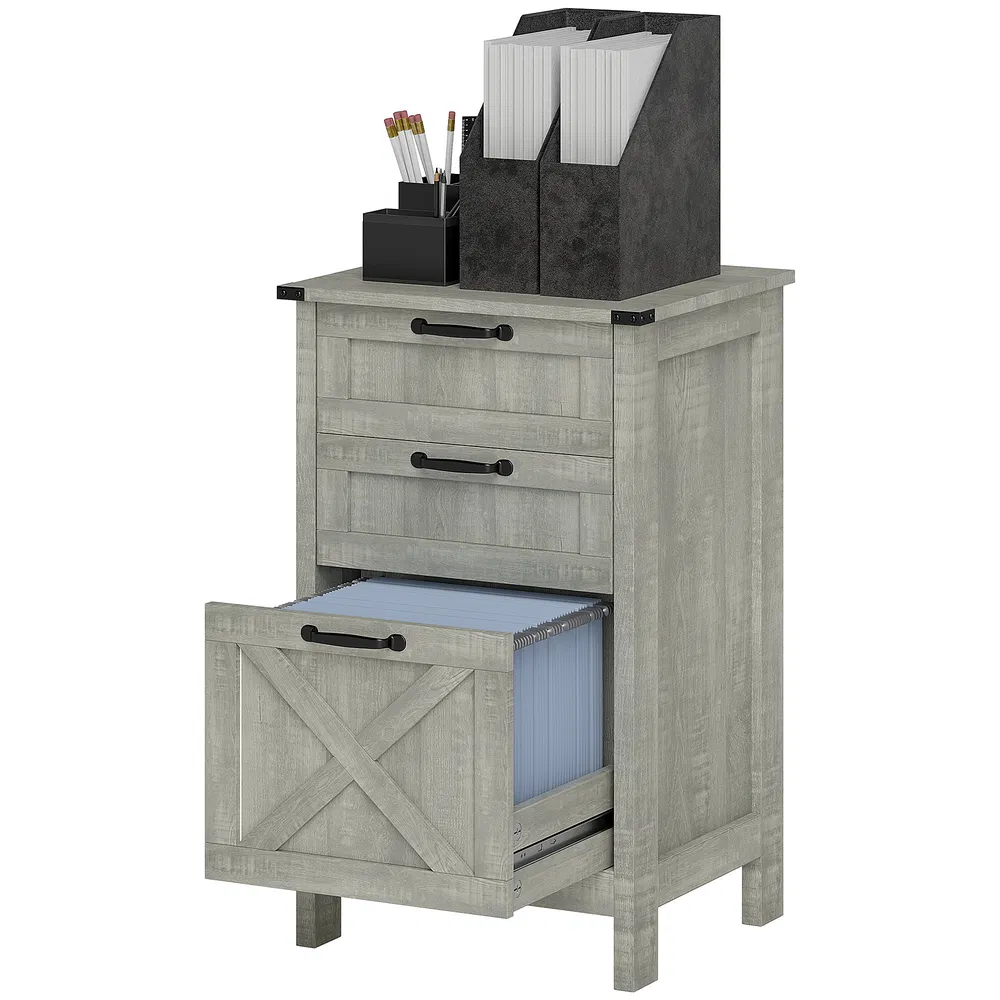 Vertical Filing Cabinet with 3 Drawers, Rustic Farmhouse Office Storage Cabinet for A4, Letter Size, Stone Grey photo 2