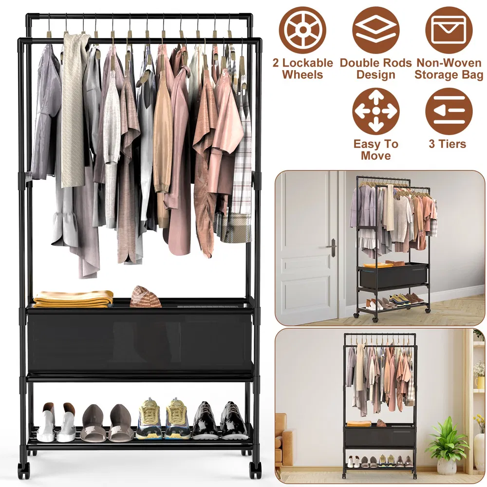 3 Tiered Portable Clothing Rack For Bedroom Entryway Double Hanging Rods Sturdy Iron Garment Rack With Double Hanging Rods Adjustable Storage Bag Quiet Wheels photo 2