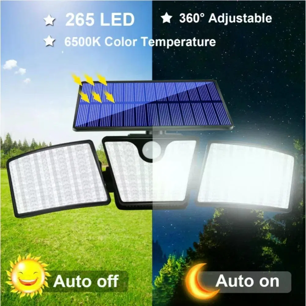 265 LED Solar Motion Sensor Wall Light, IP65 Waterproof 3-Head Adjustable Angle Outdoor Garden Lamp, 3000LM 6500K for Yard Garage photo 1