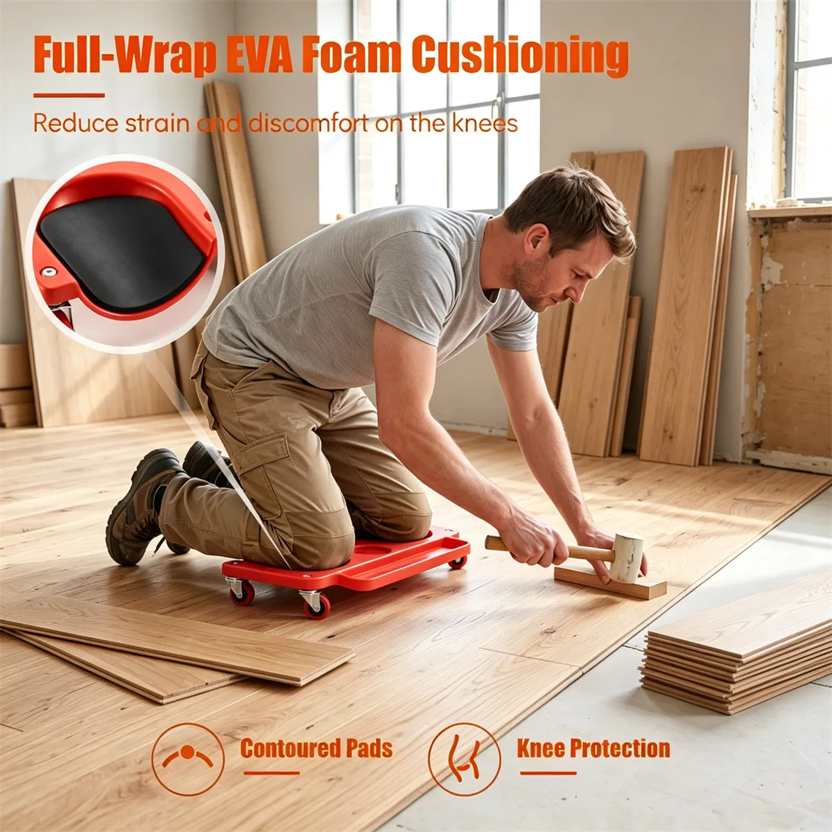 Red Rolling Knee Creeper with EVA Foam Cushioned Pads, 300 LBS Capacity Garage Knee Dolly with Magnetic & Long Tool Tray for Auto Repair Flooring Gardening Work photo 5
