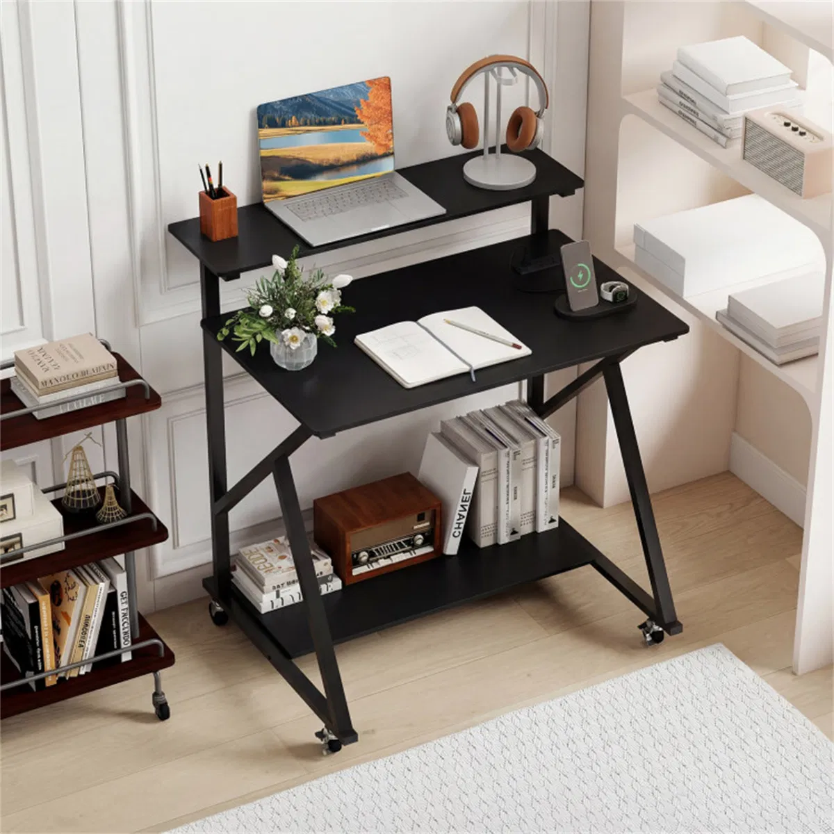 Black Rolling Computer Desk with Power Strip 32" Mobile Office Desk with Monitor Stand photo 8