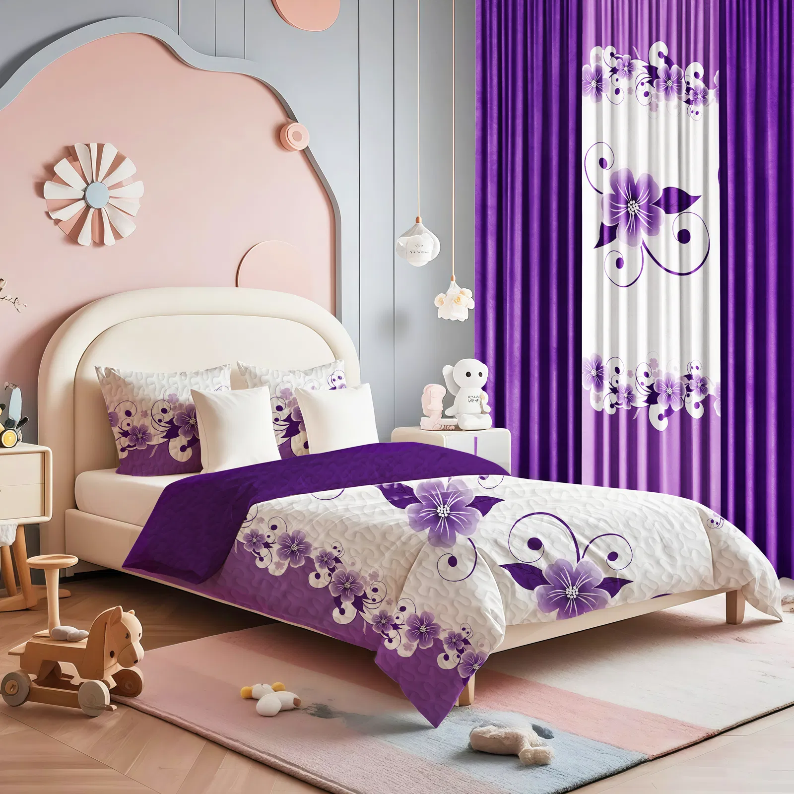 9-Piece Purple Floral Bedding & Curtain Set (Queen/King/Cal King) - Quilted Microfiber Bedspread + Sheer Curtains photo 7