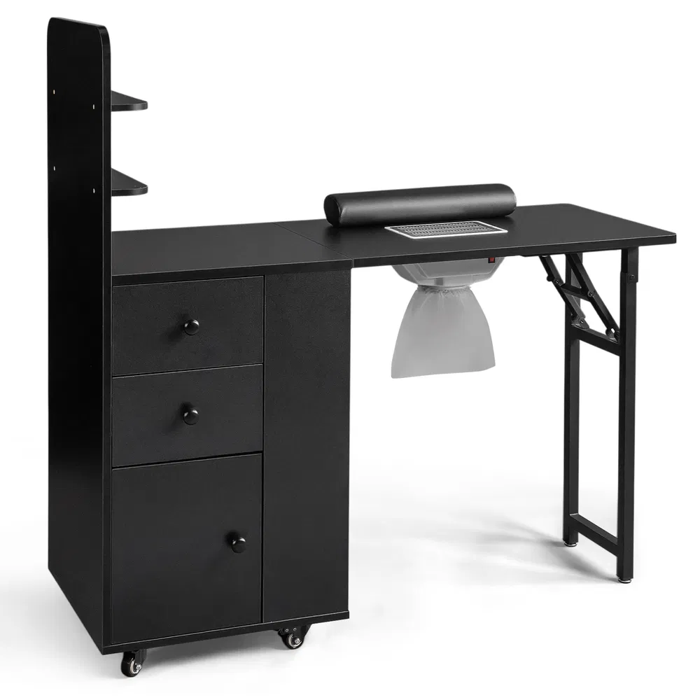 Black MDF Folding Nail Desk with 2 Drawers, Cabinet Door & Storage Shelf photo 2