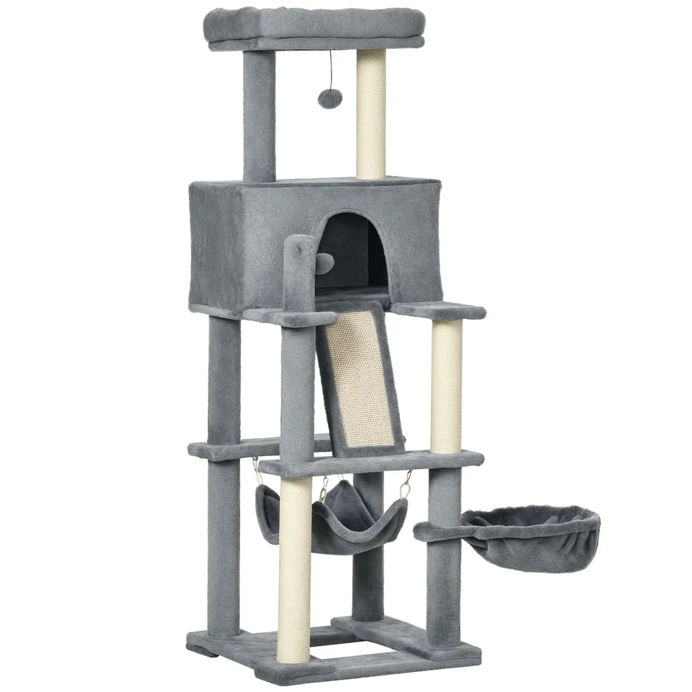 55" Cat Tree for Indoor Cats, Cat Tower, Kitty Activity Center with Cat Bed Ramp Condo Hammocks Hanging Ball Toys Sisal Rope Scratching Post, Grey photo 2